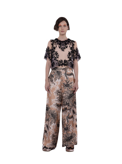 Embroidered And Beaded Tulle Cropped Blouse Blush-navy