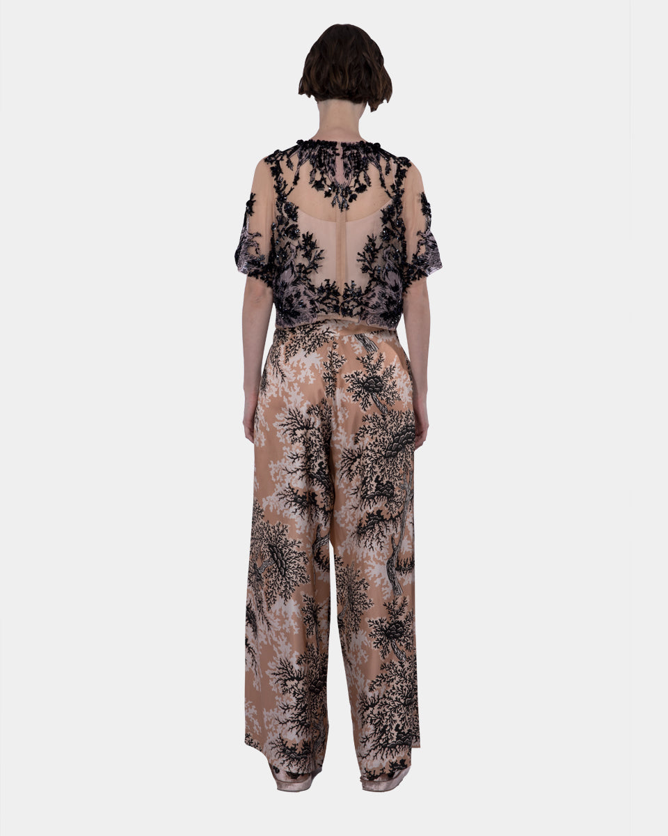Embroidered And Beaded Tulle Cropped Blouse Blush-navy