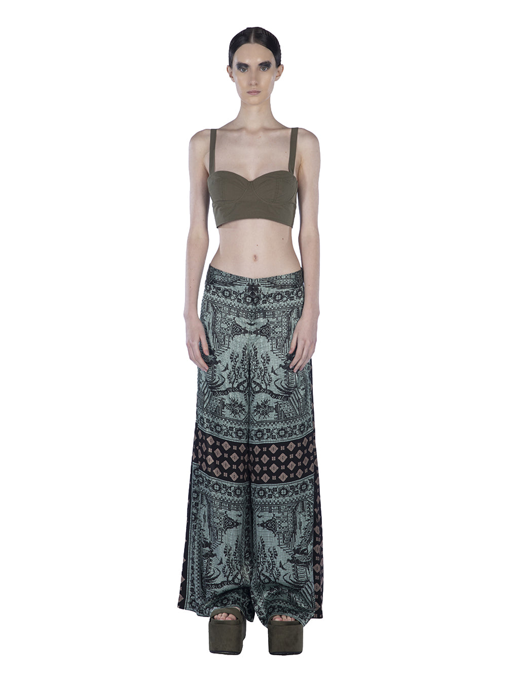 Satin Silk Print Long Pants Celadon