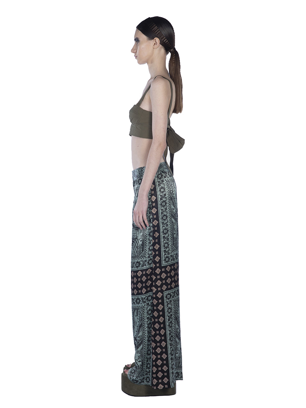 Satin Silk Print Long Pants Celadon