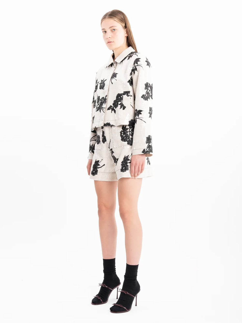 Sequin Cropped Jacket Beige