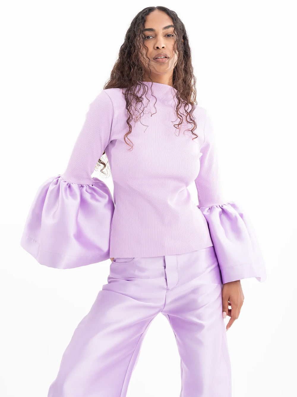 Heavy Satin And Rib Jersey Turtleneck Puff Sleeve Top Lilac