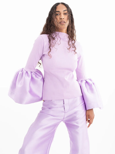 Heavy Satin And Rib Jersey Turtleneck Puff Sleeve Top Lilac