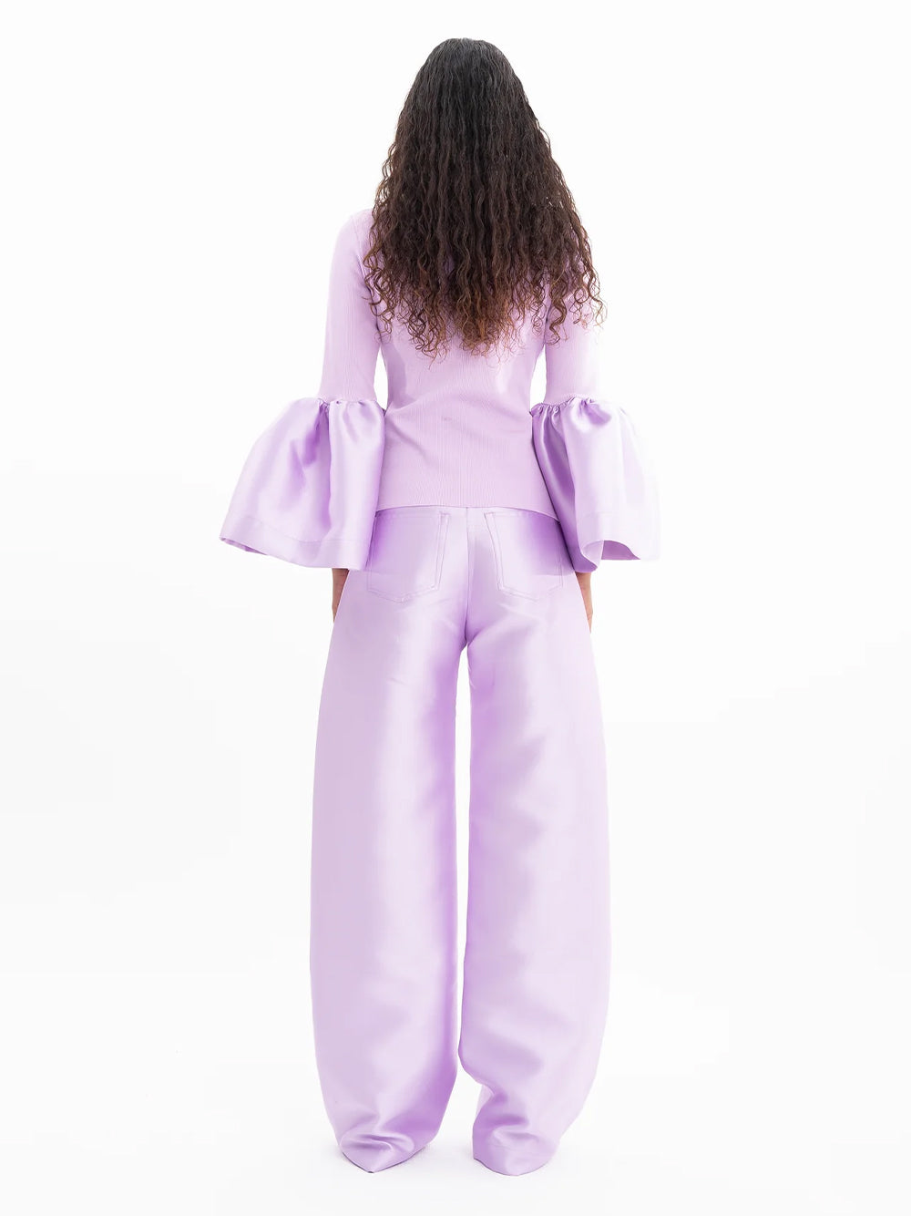 Heavy Satin And Rib Jersey Turtleneck Puff Sleeve Top Lilac