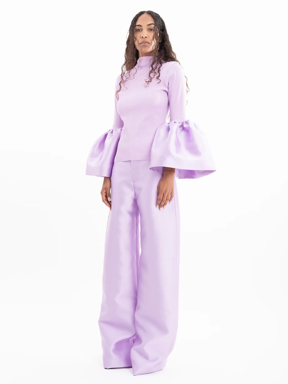 Heavy Satin And Rib Jersey Turtleneck Puff Sleeve Top Lilac
