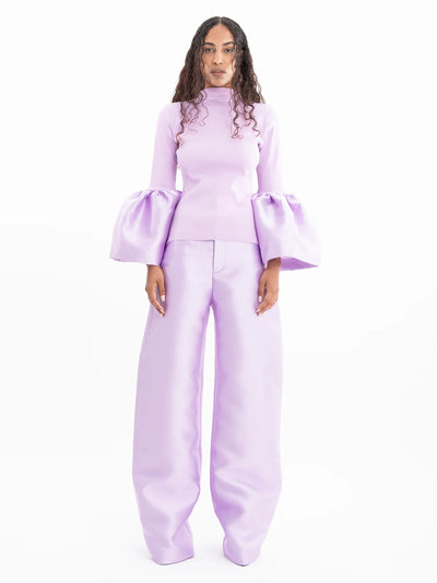 Heavy Satin And Rib Jersey Turtleneck Puff Sleeve Top Lilac