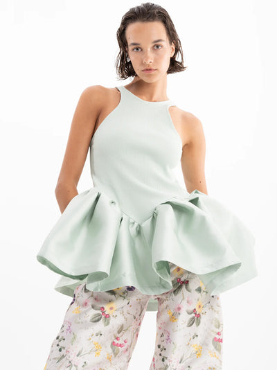 Heavy Satin And Rib Jersey Peplum Tank Top  Mint
