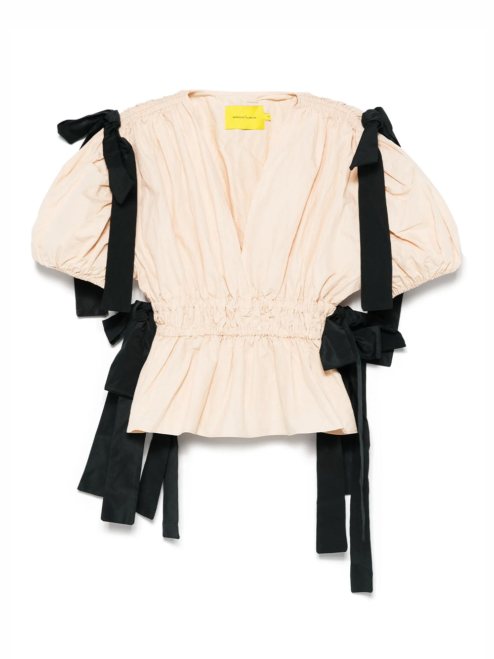 Wrinkled Coton Gathered Sleeveless V Neck Top With Contrast Ties Beige