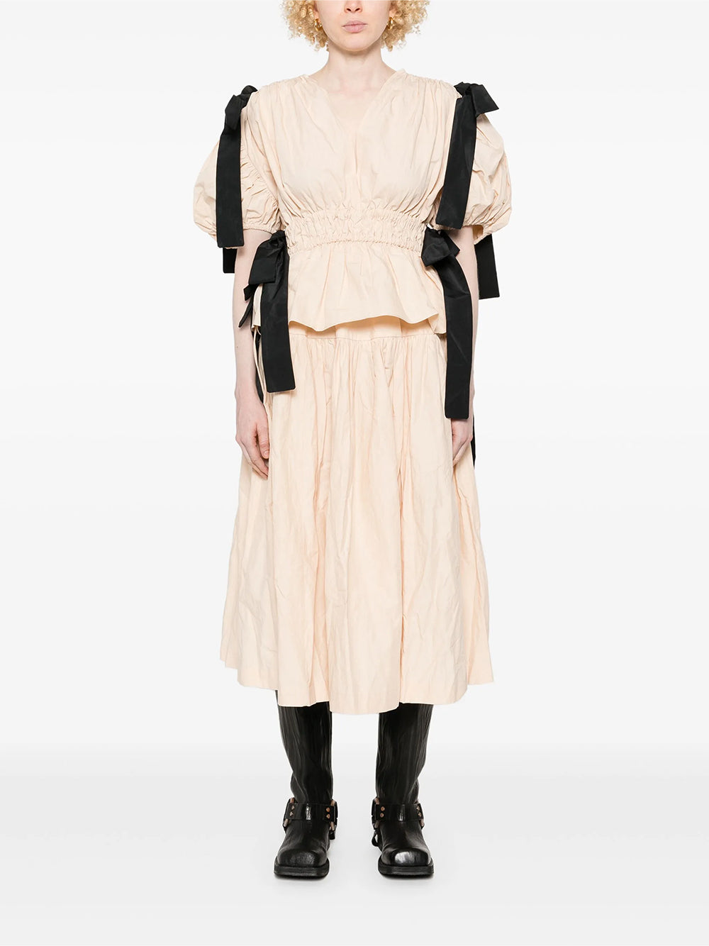 Wrinkled Coton Gathered Sleeveless V Neck Top With Contrast Ties Beige