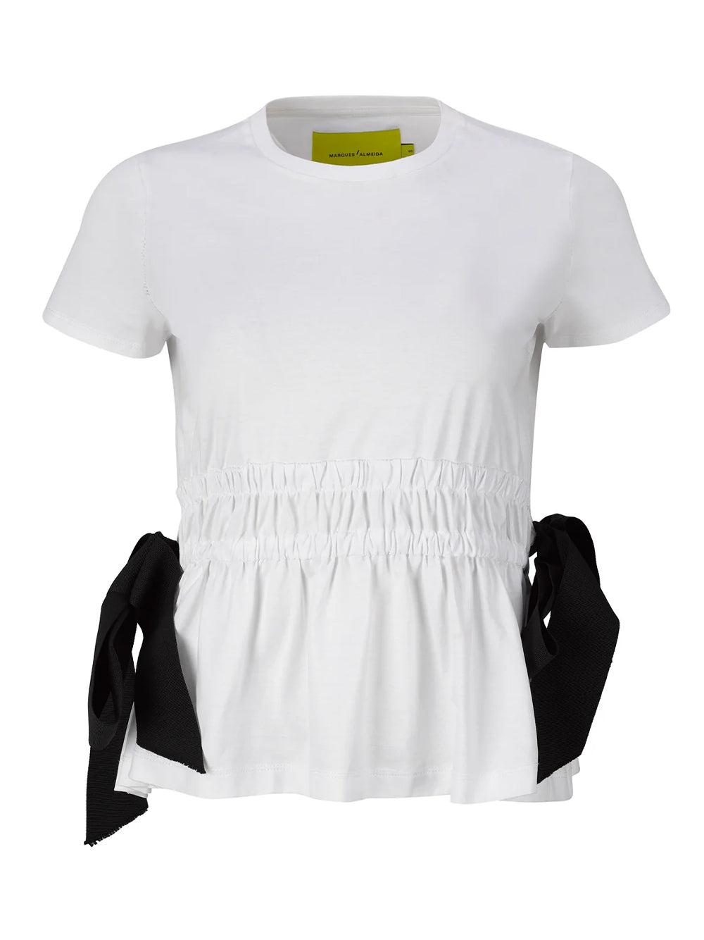 Gathered Cap Sleeve T-Shirt  With Black Bows White