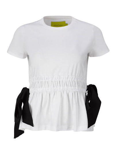 Gathered Cap Sleeve T-Shirt  With Black Bows White