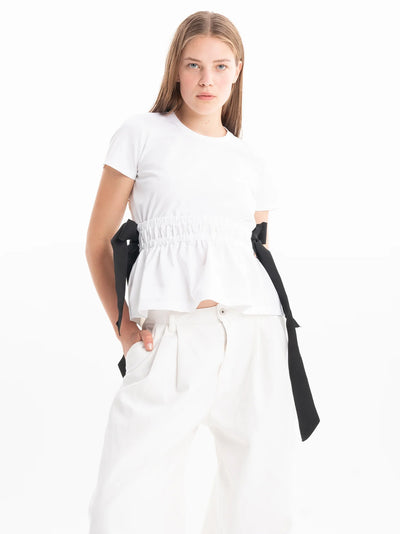 Gathered Cap Sleeve T-Shirt  With Black Bows White