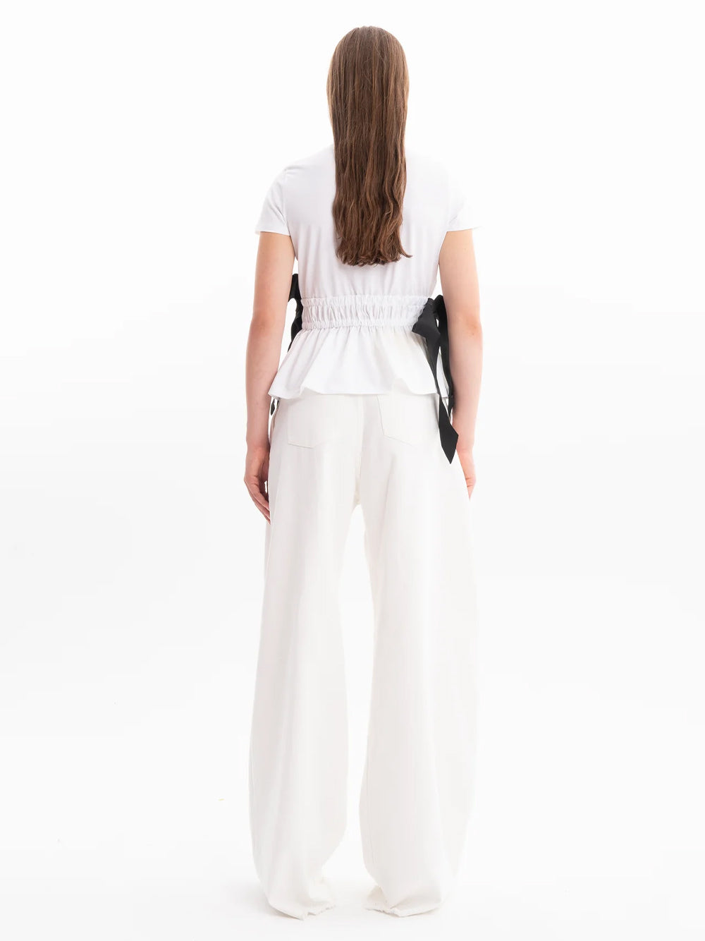 Gathered Cap Sleeve T-Shirt  With Black Bows White