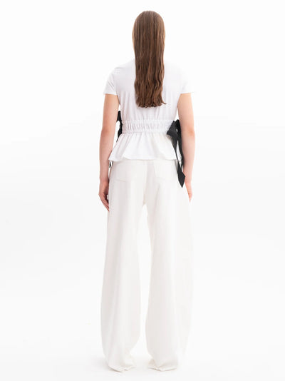 Gathered Cap Sleeve T-Shirt  With Black Bows White