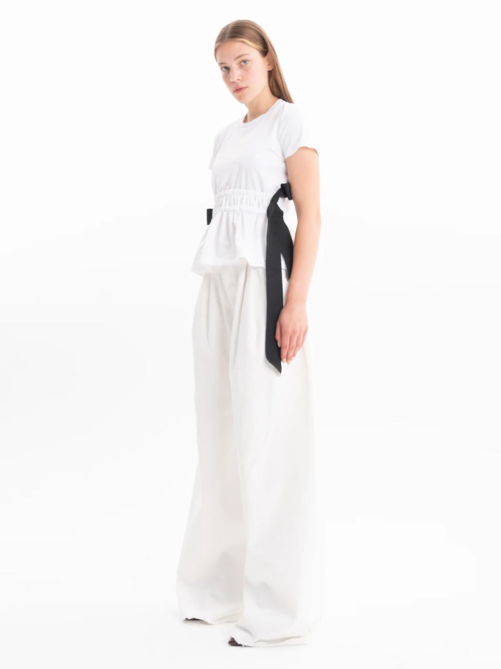 Gathered Cap Sleeve T-Shirt  With Black Bows White
