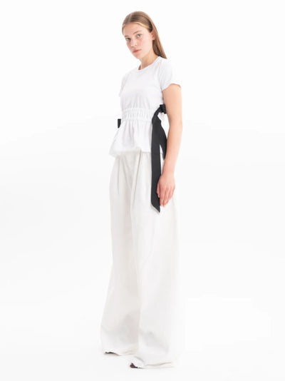 Gathered Cap Sleeve T-Shirt  With Black Bows White
