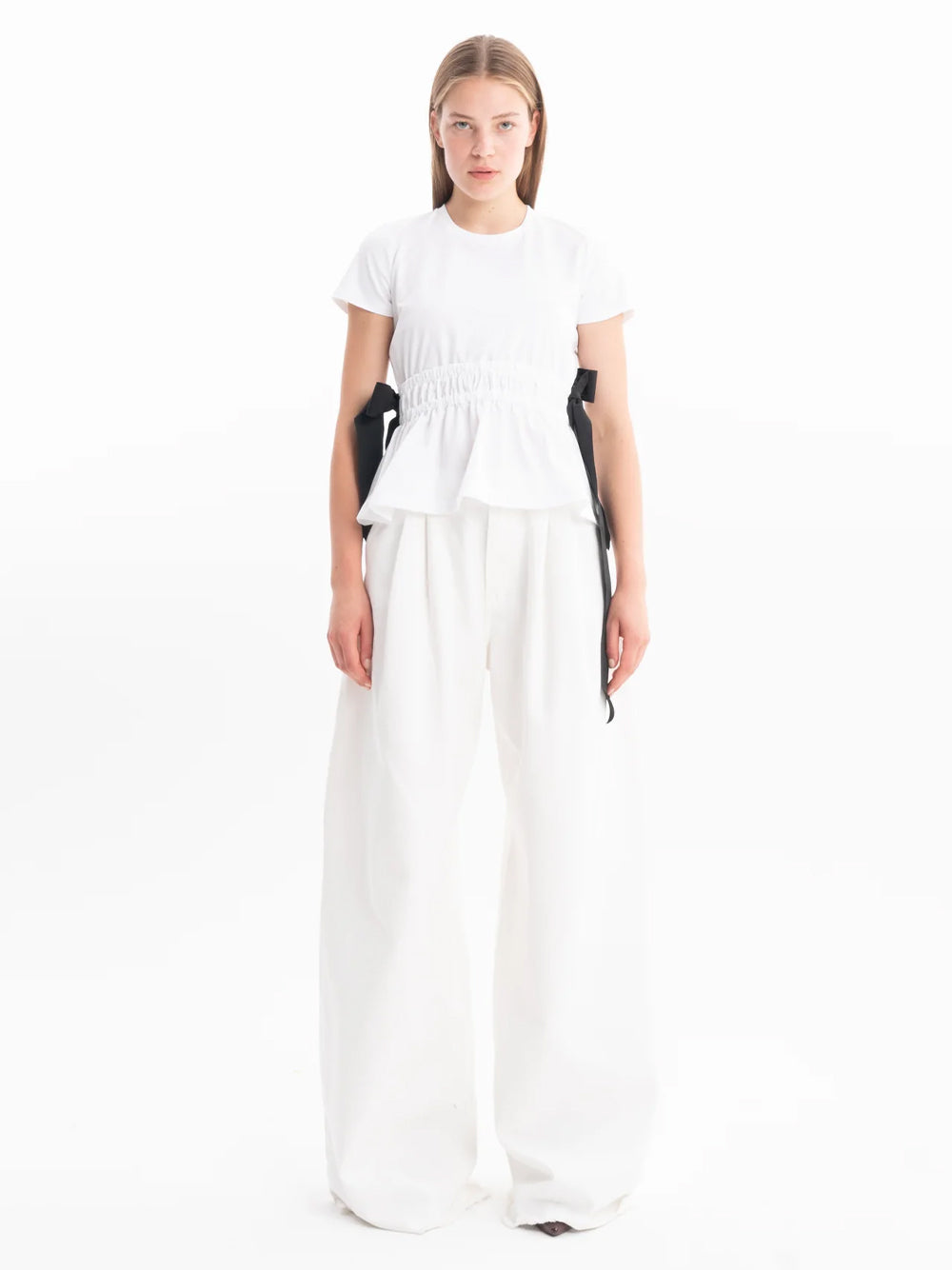 Gathered Cap Sleeve T-Shirt  With Black Bows White