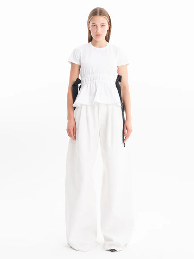 Gathered Cap Sleeve T-Shirt  With Black Bows White