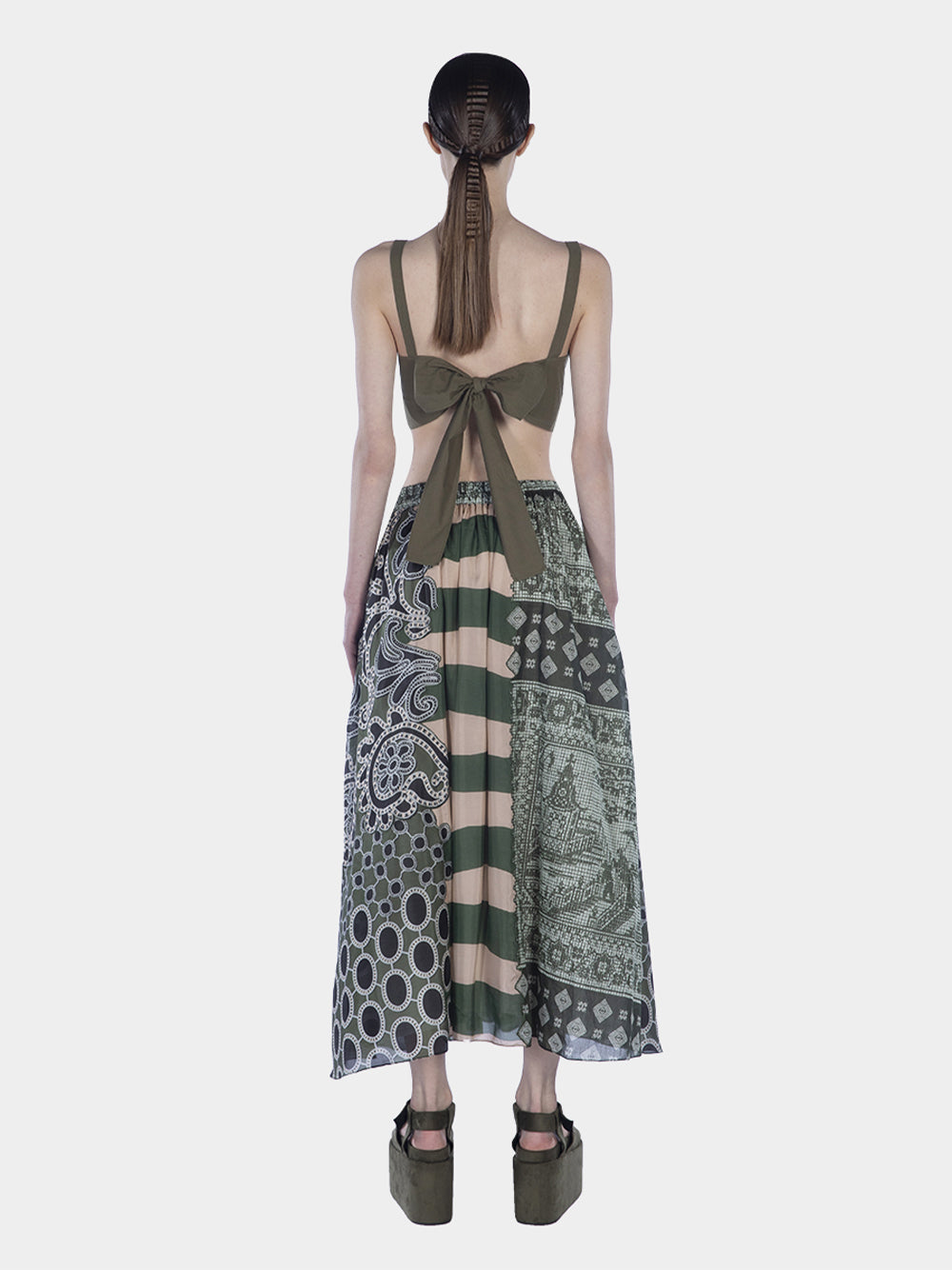 Lightweight Silk Print Patchwork Gathered Skirt Green