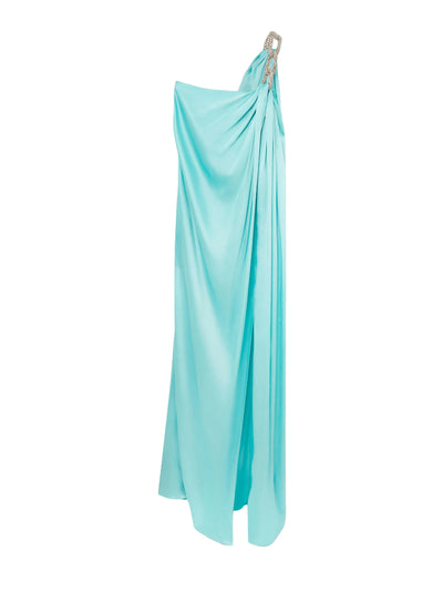 Falabella Crystal Chain Double Satin One-Shoulder Gown (Aquamarine)