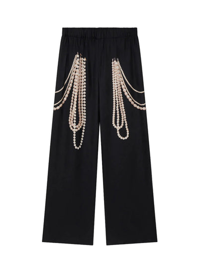 Pearl Trompe L’oeil Print Silk Wide Leg Trousers (Black)