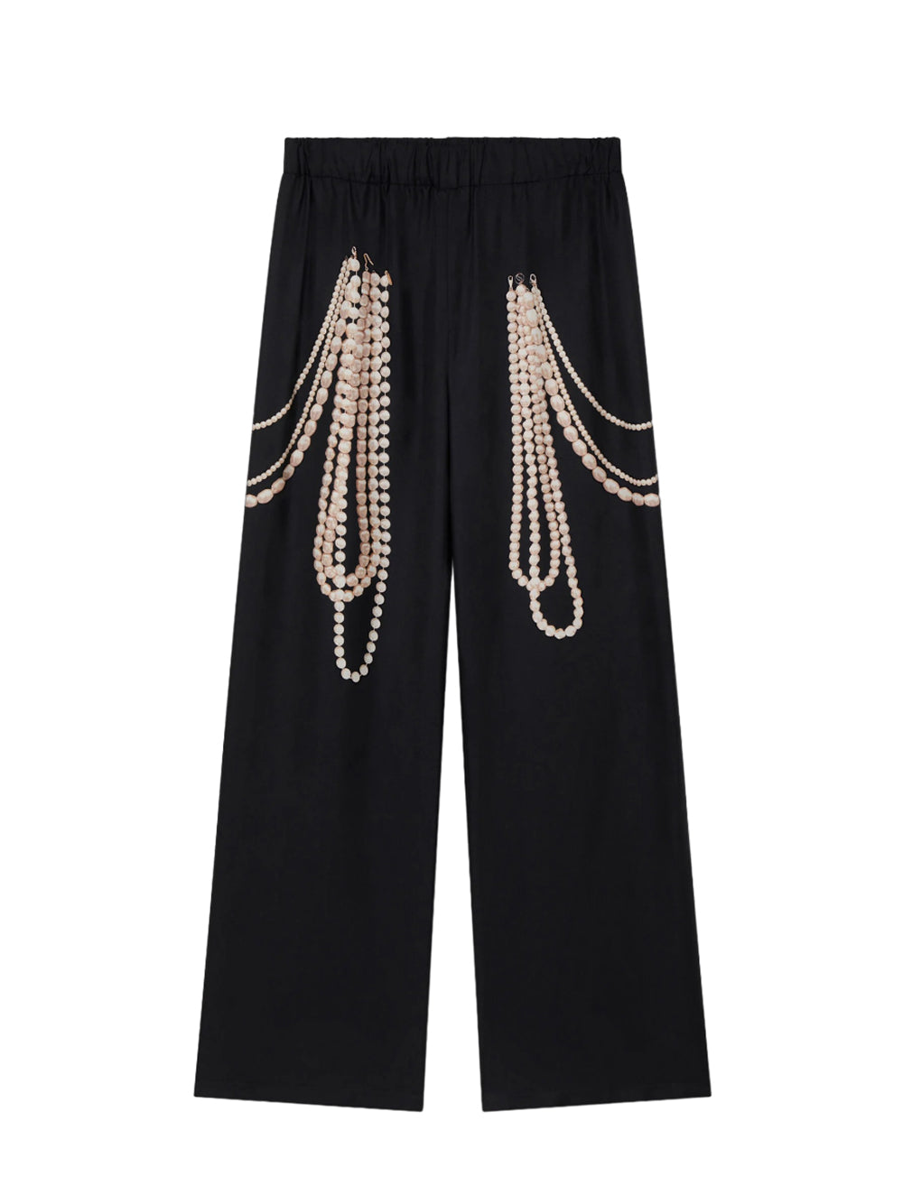 Pearl Trompe L’oeil Print Silk Wide Leg Trousers (Black)