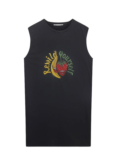 'Rewild Yourself' Fruit Print Tank Dress Black
