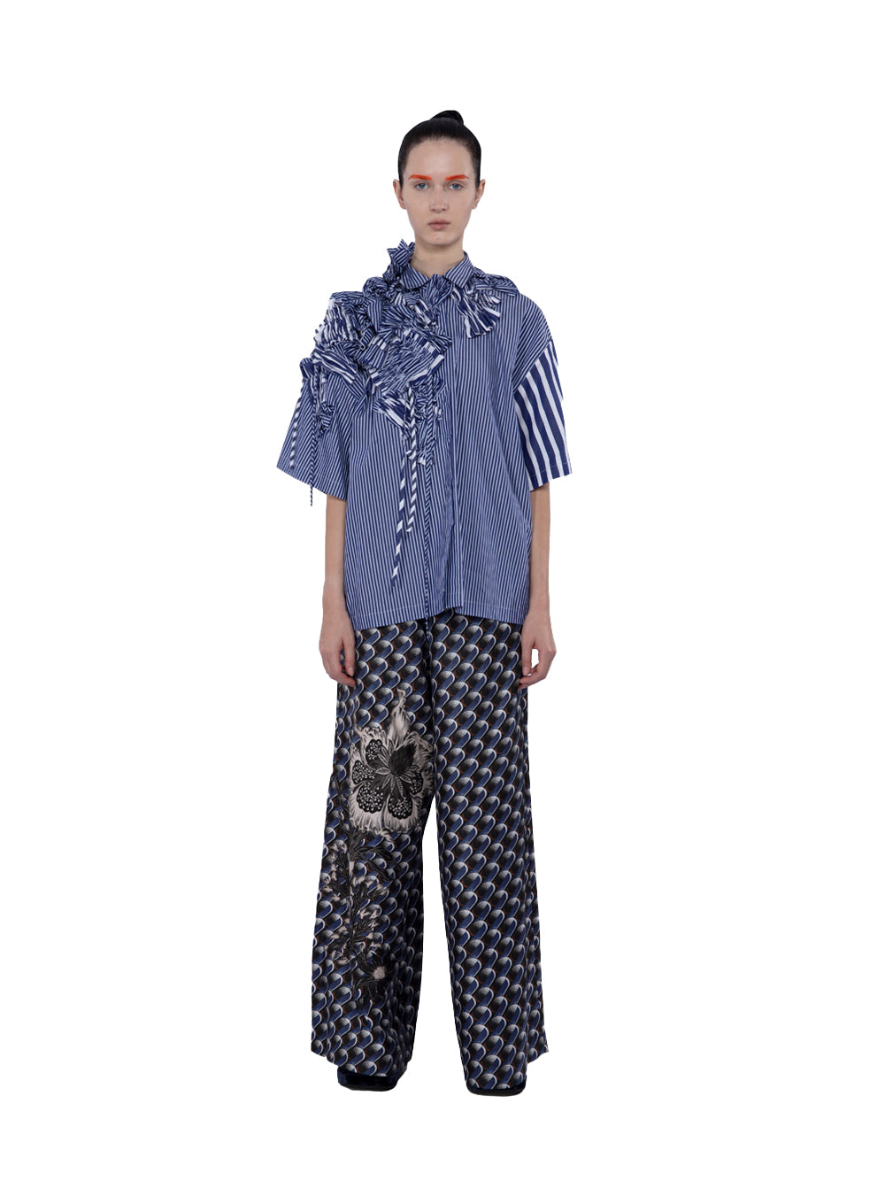 3d Embellished Short Sleeve Mix Cotton Blue Stripe