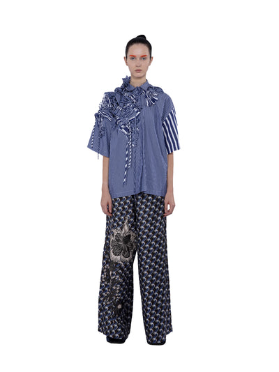 3d Embellished Short Sleeve Mix Cotton Blue Stripe