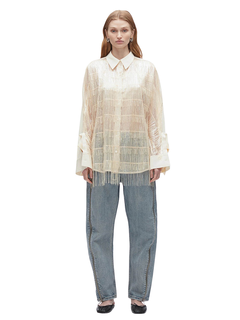 Sequin Fringe Shirt with Cascade Drape (Champagne)