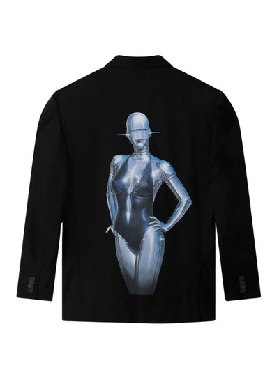 Sexy Robot Graphic Tuxedo-Lapel Blazer (Multicolor)