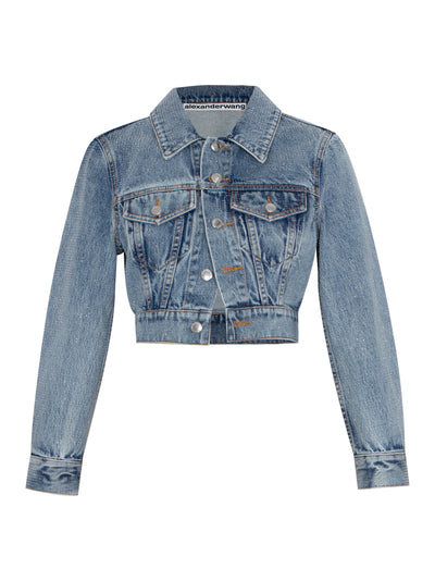 Shrunken Trucker Jacket All Over Clear Bead Hotfix Vintage (Light Indigo)