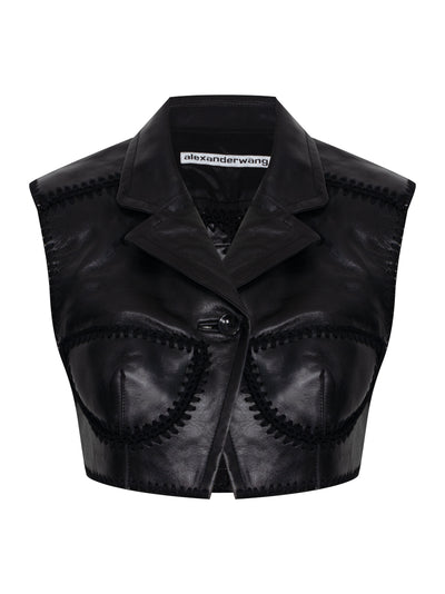 Sleeveless Cropped Waistcoat in Leather (Black)
