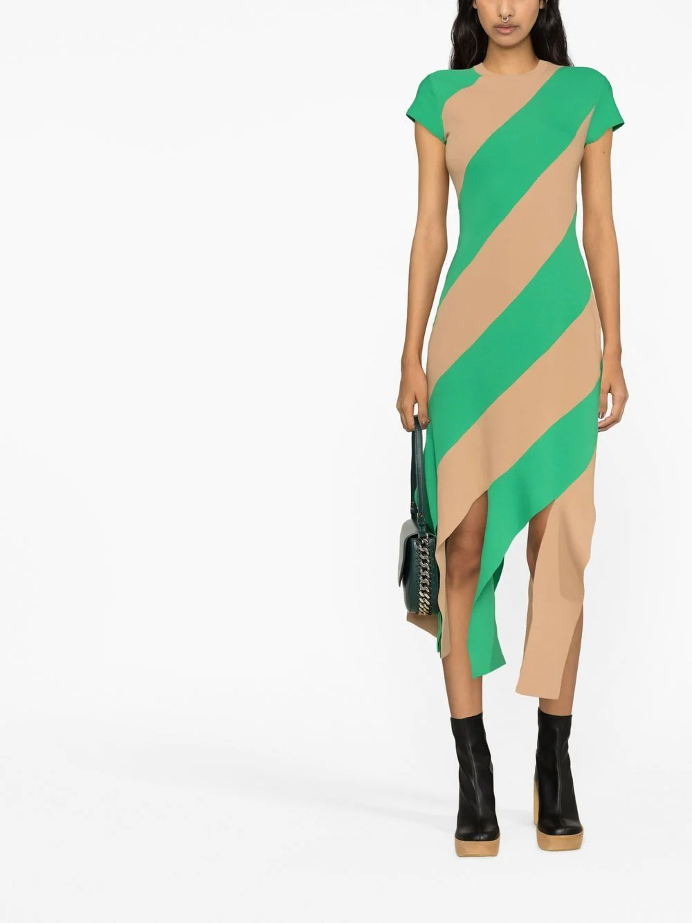 Fringe-Hem Striped Midi Dress (Green/Beige)
