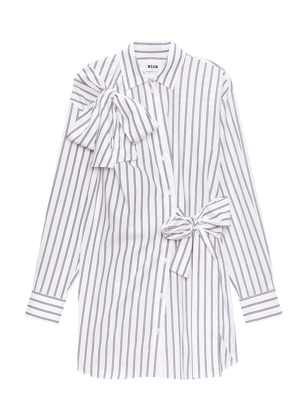 Striped Poplin Shirt Dress with Bow Detail (White)