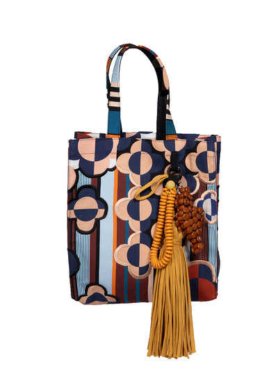 Clover Embroidery Stripes Print Canvas Small Tote Bag With Beaded Tassel Ornament (Multicolor)