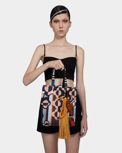 Clover Embroidery Stripes Print Canvas Small Tote Bag With Beaded Tassel Ornament (Multicolor)