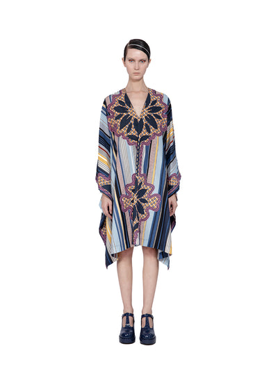 Cotton Striped With Print Embroidery Applique V-Neck Tunic Mini Dress (Blue)