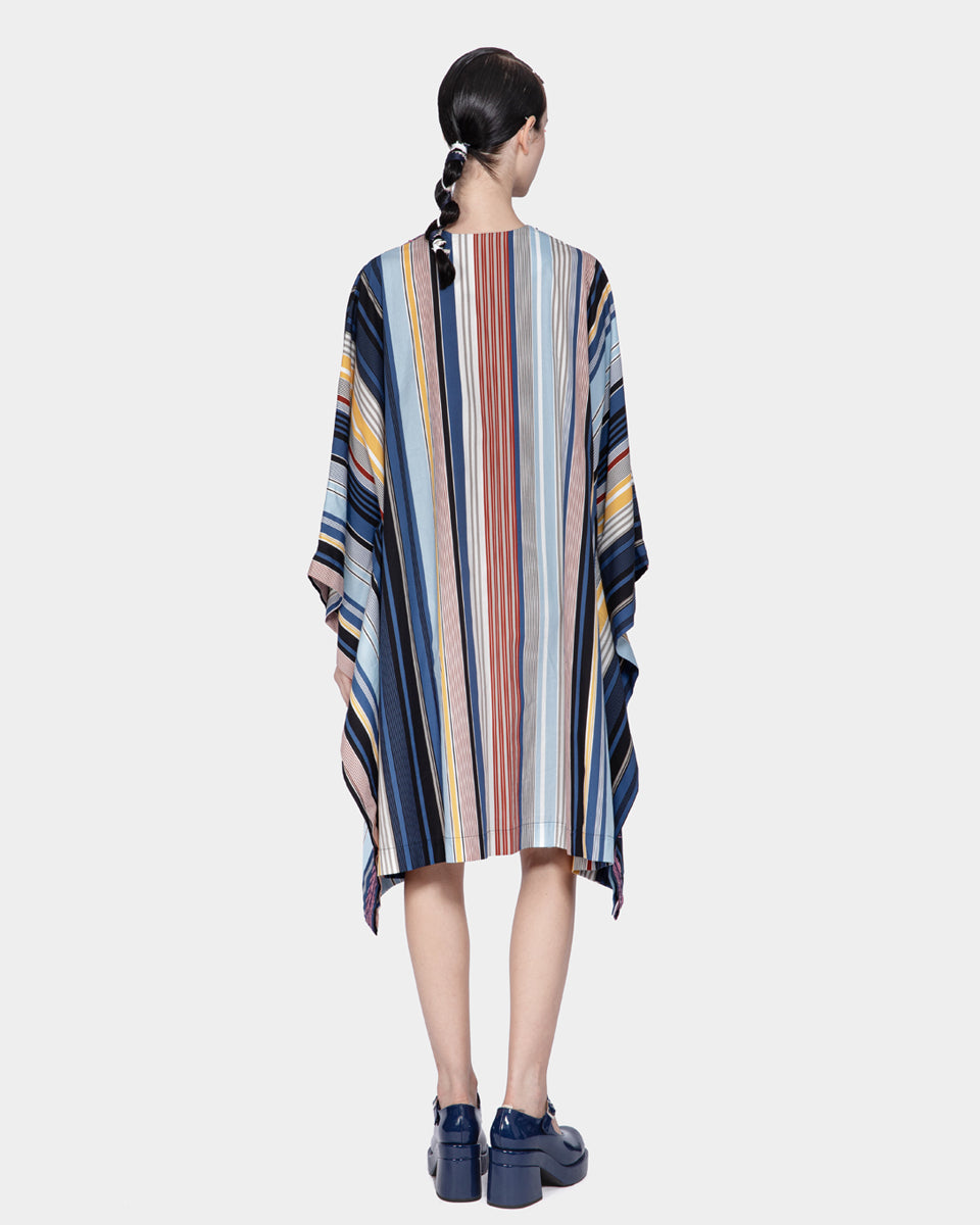 Cotton Striped With Print Embroidery Applique V-Neck Tunic Mini Dress (Blue)