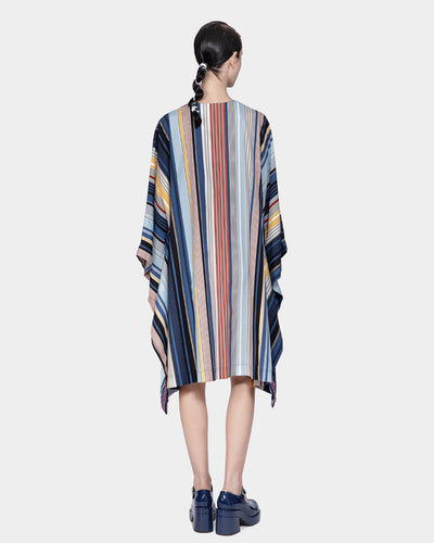 Cotton Striped With Print Embroidery Applique V-Neck Tunic Mini Dress (Blue)