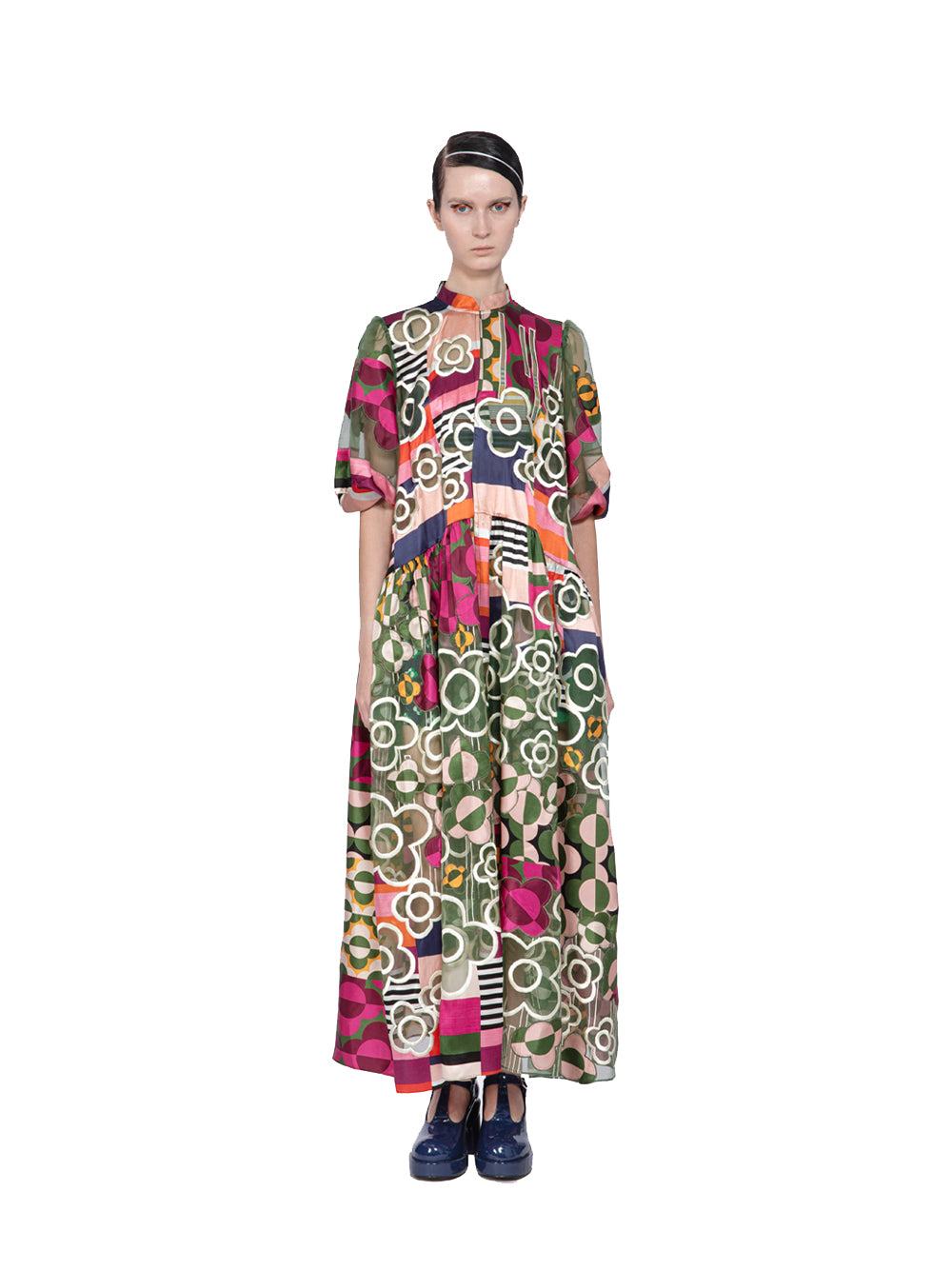 Embroidered Organza Mix Silk Print Ankle Length Dress (Multicolor)