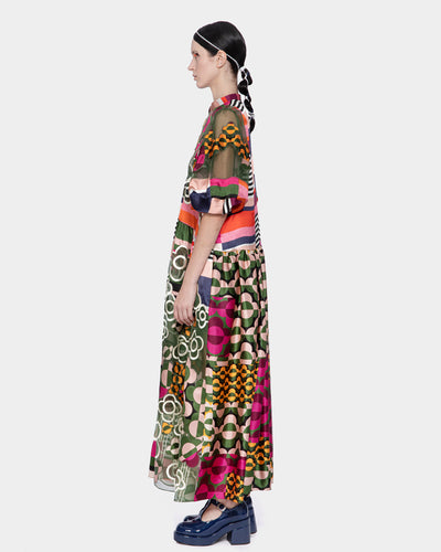 Embroidered Organza Mix Silk Print Ankle Length Dress (Multicolor)