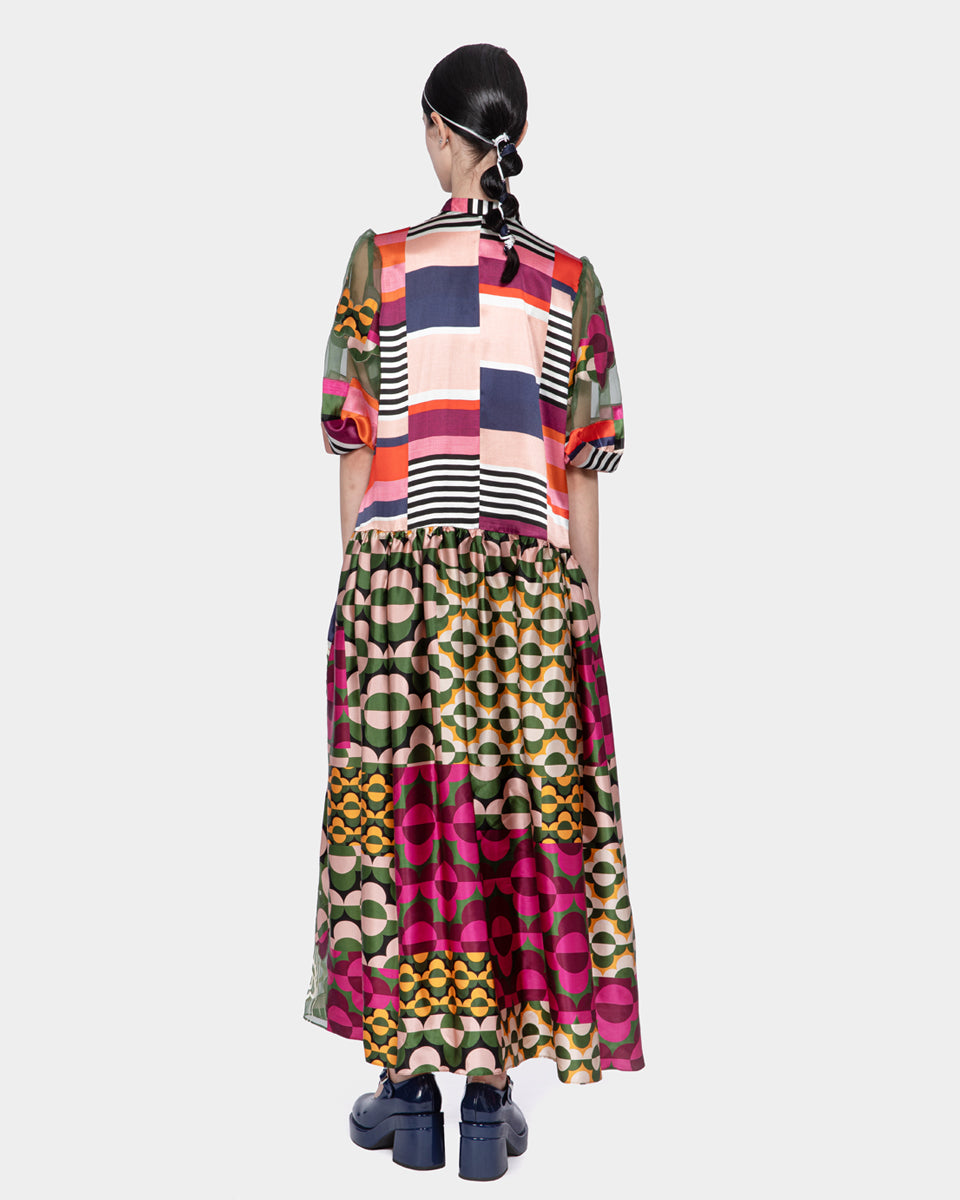 Embroidered Organza Mix Silk Print Ankle Length Dress (Multicolor)