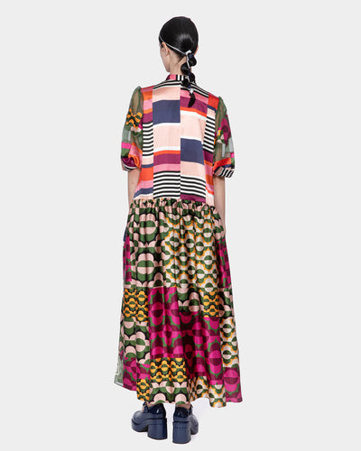 Embroidered Organza Mix Silk Print Ankle Length Dress (Multicolor)