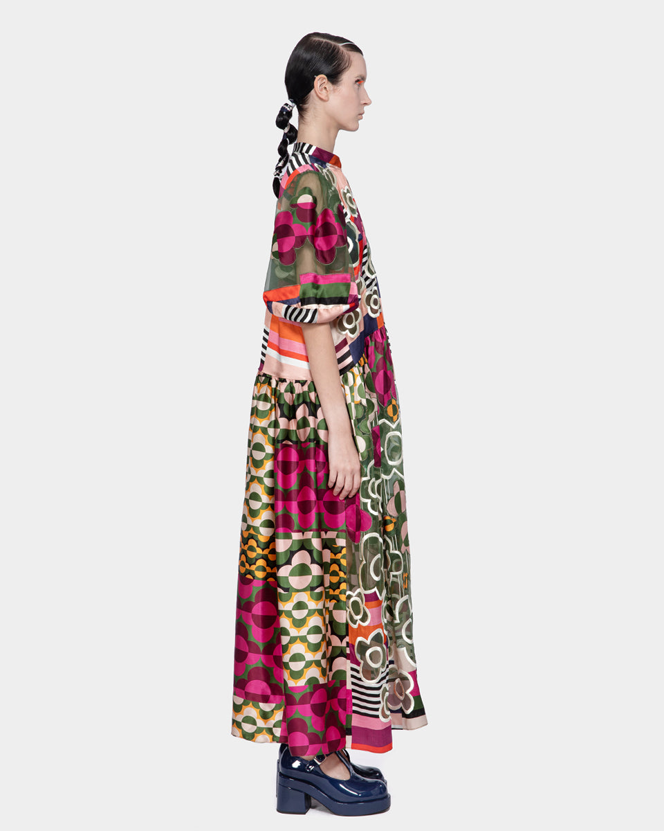 Embroidered Organza Mix Silk Print Ankle Length Dress (Multicolor)