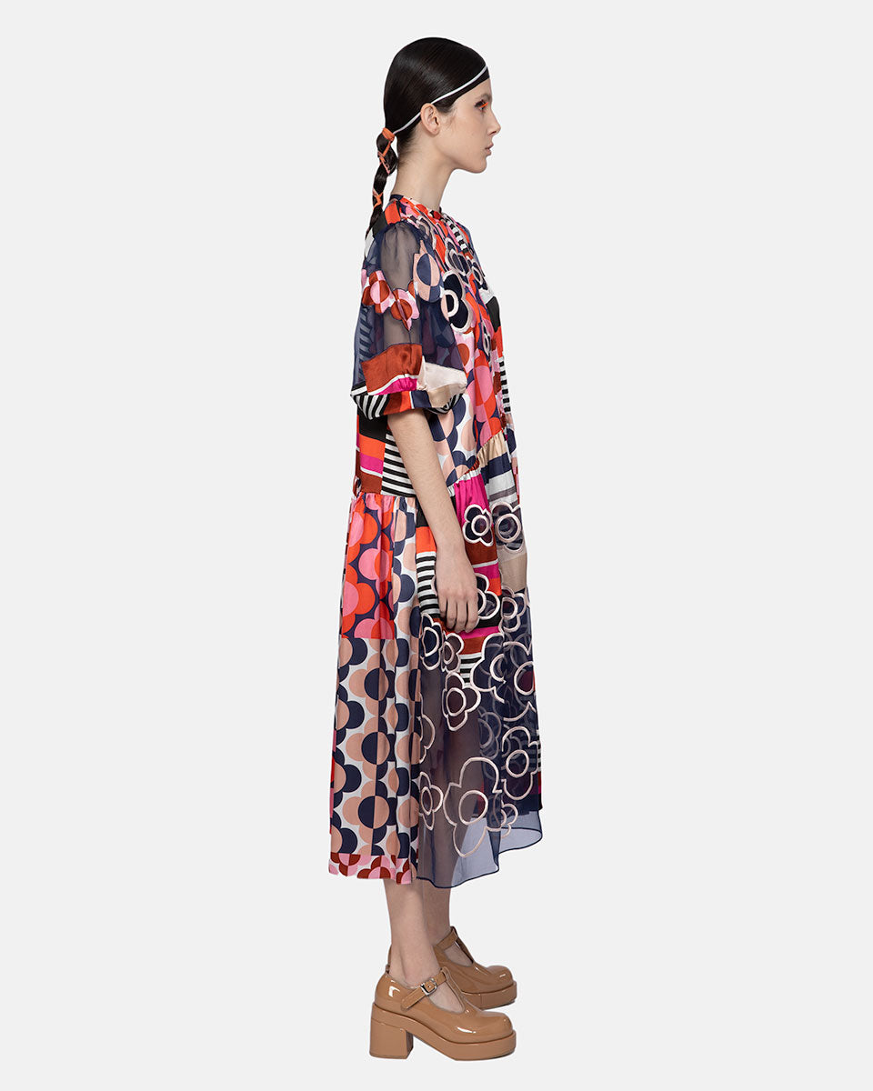 Embroidered Organza Mix Silk Print Midi Dress (Navy/Fuchsia)