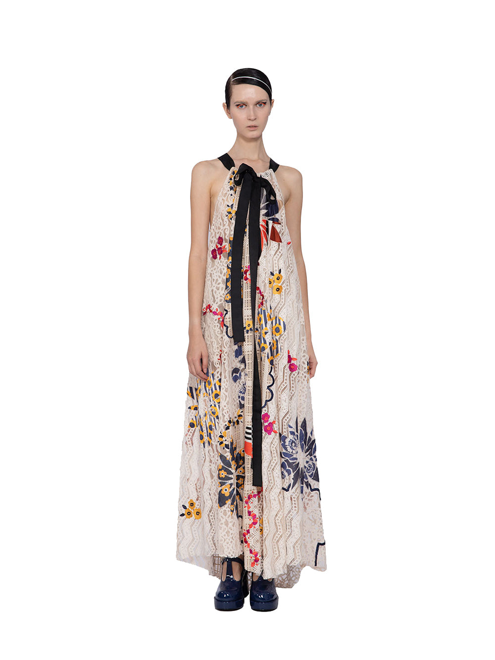 Lace With Print Embroidered Applique Halter Dress (Ecru)