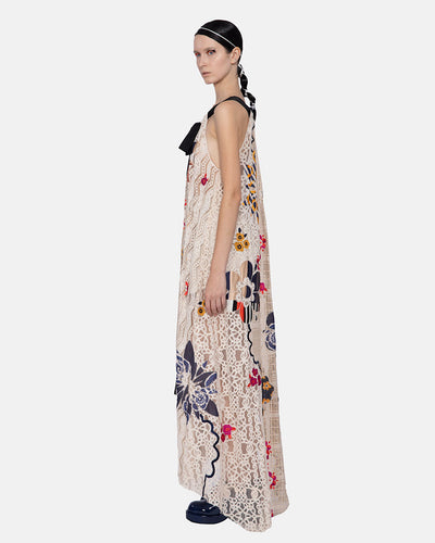 Lace With Print Embroidered Applique Halter Dress (Ecru)