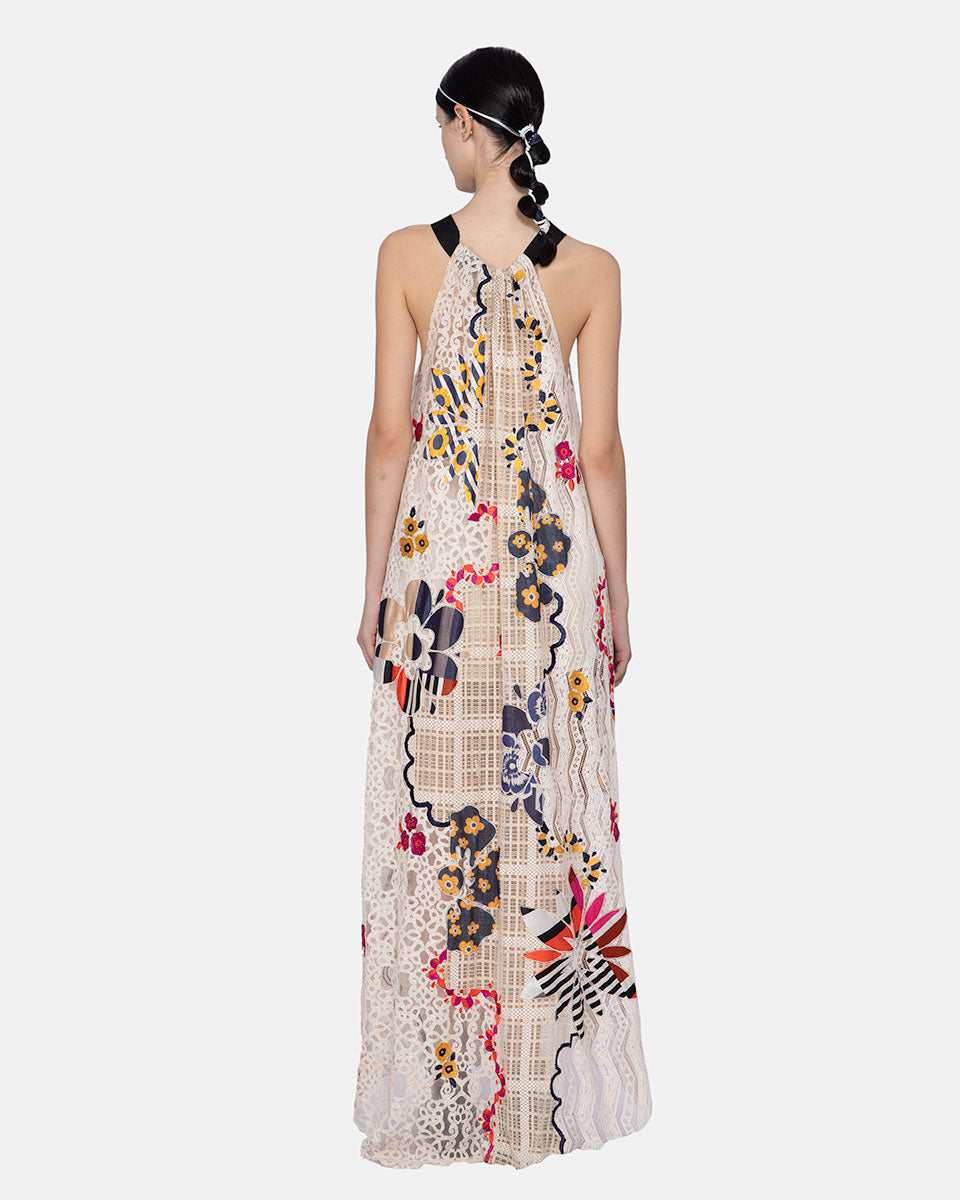 Lace With Print Embroidered Applique Halter Dress (Ecru)