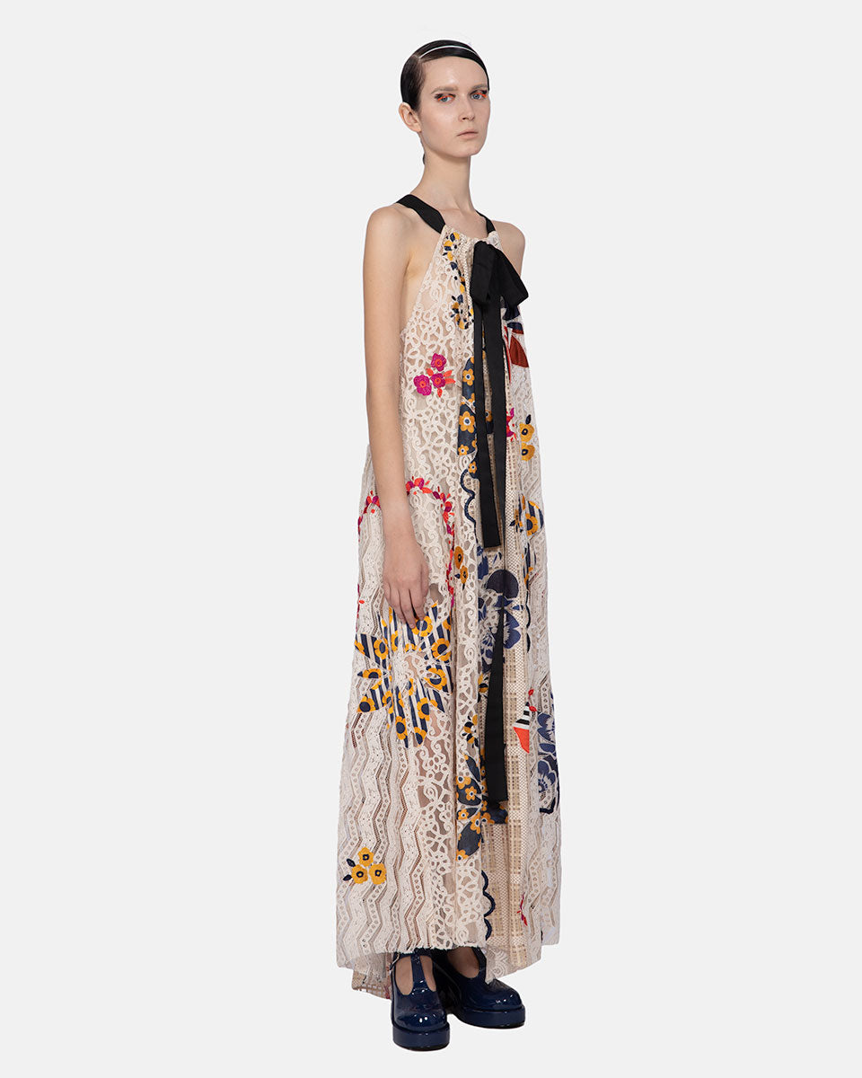 Lace With Print Embroidered Applique Halter Dress (Ecru)